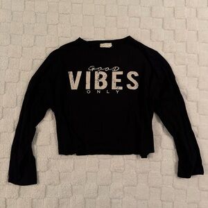 Black Long Sleeve 'Good Vibes Only' Crop Top, Cotton Blend, Women’s Medium
